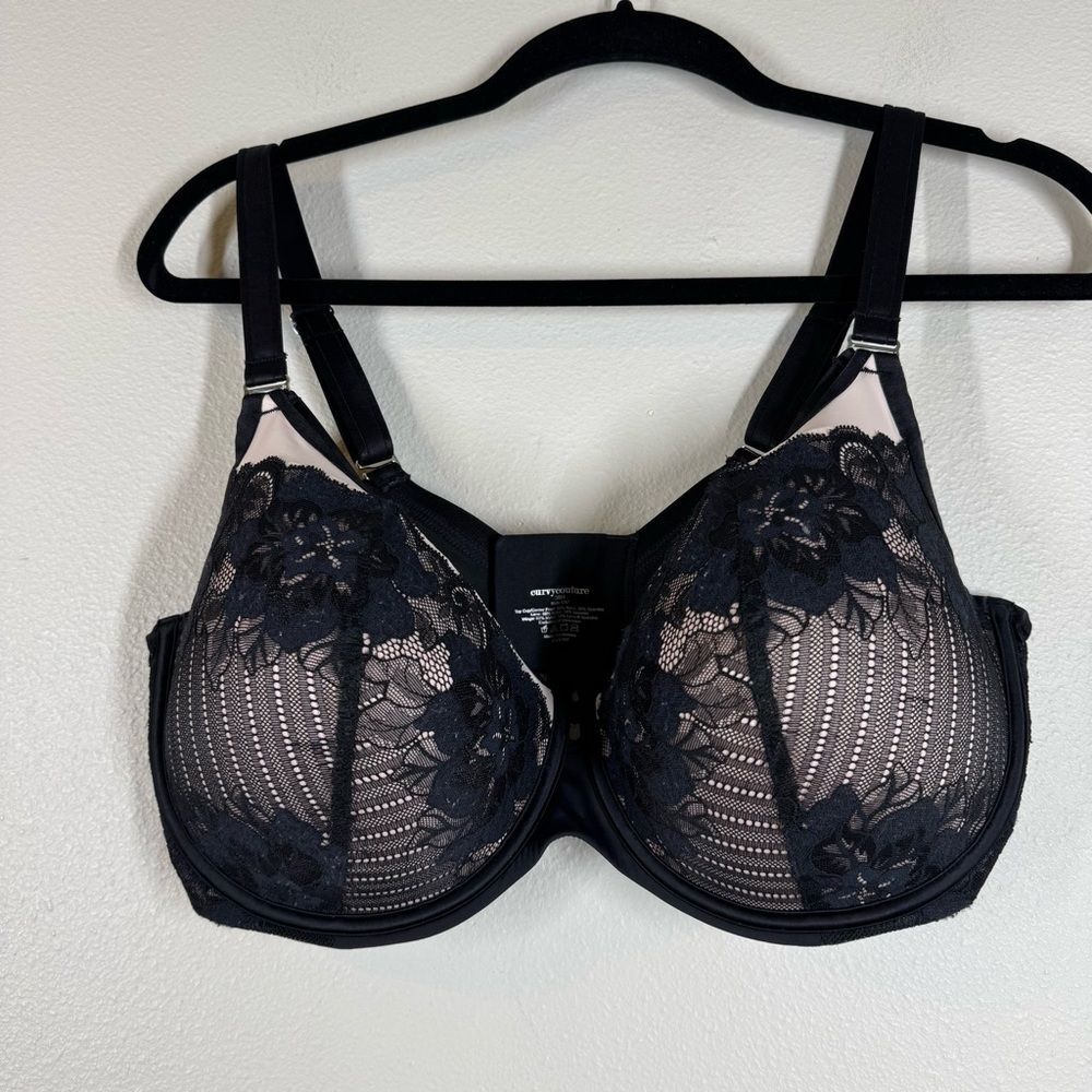 Curvy Couture Bra 38H Tulip Strappy Lace Black Blush Pink Underwire Sexy Glam